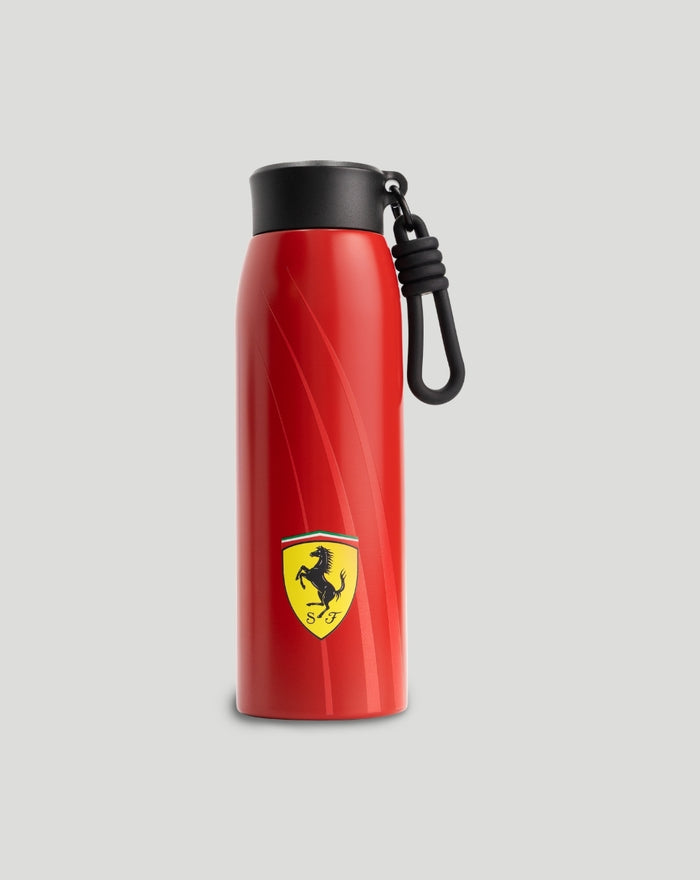 Red Scuderia Ferrari water bottle with black cap and attached loop featuring the Ferrari crest.