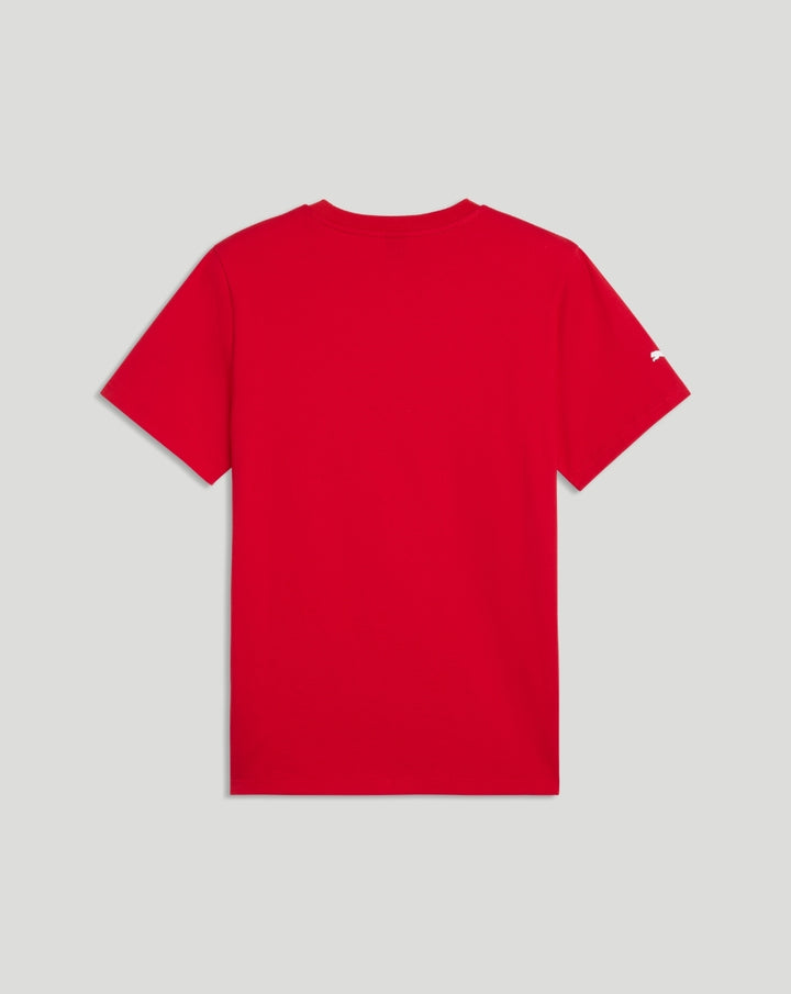 Back view of red Scuderia Ferrari Men's Big Shield T Shirt with small white Puma logo at hem