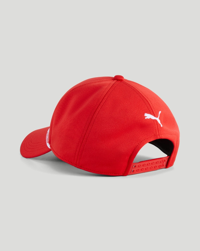 Back view of red Scuderia Ferrari cap showing white Puma logo and adjustable strap
