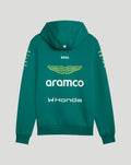 Back view of green Aston Martin F1 hoodie with sponsor logos across the back