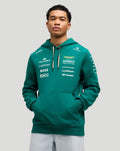 Male model wearing green Aston Martin F1 team hoodie with sponsor logos on the chest and sleeves