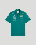 Green Aston Martin F1 polo laid flat showing chest and sleeve sponsor logos