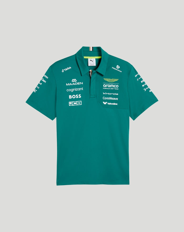 Green Aston Martin F1 polo laid flat showing chest and sleeve sponsor logos