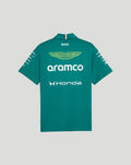 Back view of green Aston Martin F1 men's team polo with aramco and Honda logos