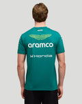 Back view of green Aston Martin F1 men's team T shirt with aramco and Honda logos