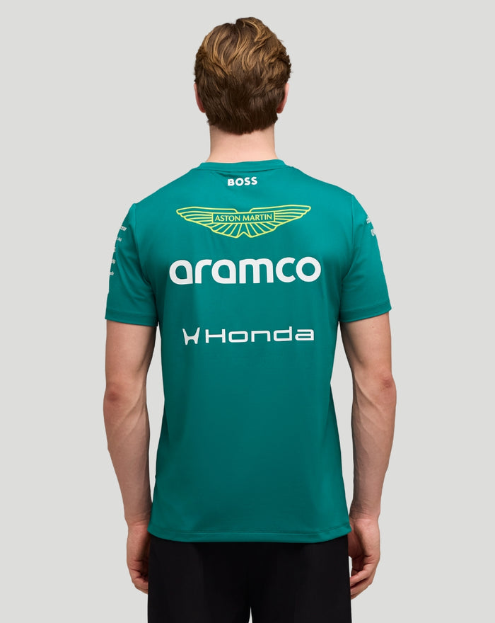 Back view of green Aston Martin F1 men's team T shirt with aramco and Honda logos
