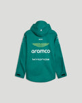 Back view of green Aston Martin F1 men's team rain jacket featuring large sponsorship graphics