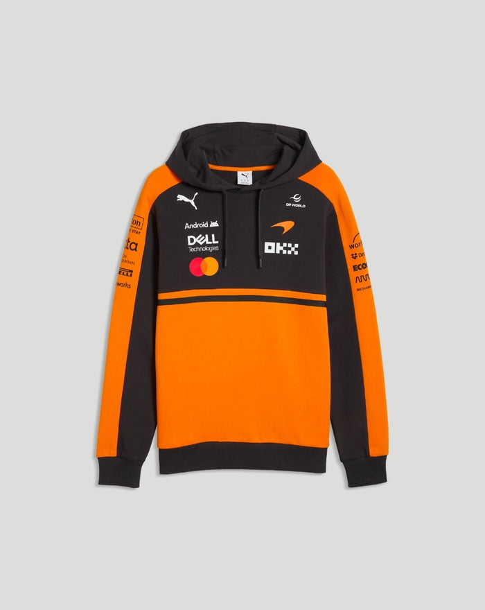 McLaren Team Hoodie Papaya front view with orange and black panels and sponsor logos