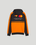 Back view of McLaren Team Hoodie Papaya with Mastercard logo and branding on orange and black panels
