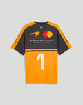 Back view of McLaren Team Norris T-Shirt Papaya with large white number 1 on orange lower half and logos on dark upper panel