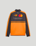 Back view of papaya and dark gray jacket with sponsor logos on the sleeves and a two-tone color block.