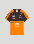 Papaya orange and black McLaren Junior Team T Shirt with sponsor logos and large Optimum Nutrition graphic on the orange section