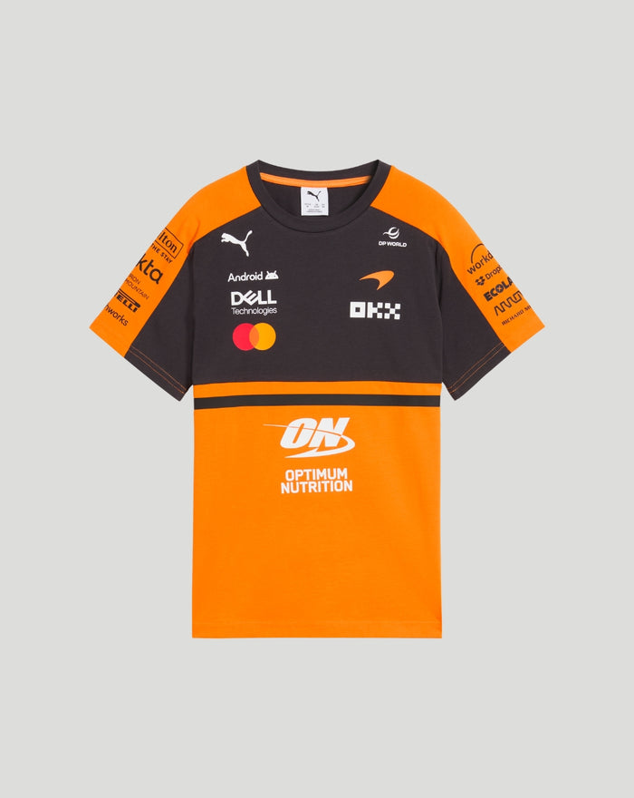 Papaya orange and black McLaren Junior Team T Shirt with sponsor logos and large Optimum Nutrition graphic on the orange section