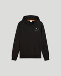 Front view of black McLaren hoodie with small chest logo and orange Speedmark accent.
