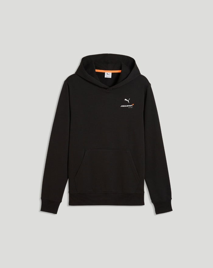 Front view of black McLaren hoodie with small chest logo and orange Speedmark accent.