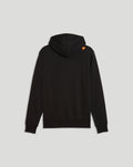 Back view of black McLaren hoodie with small orange logo near the shoulder.