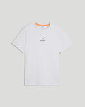 White McLaren T shirt laid flat showing chest logo and orange neck trim