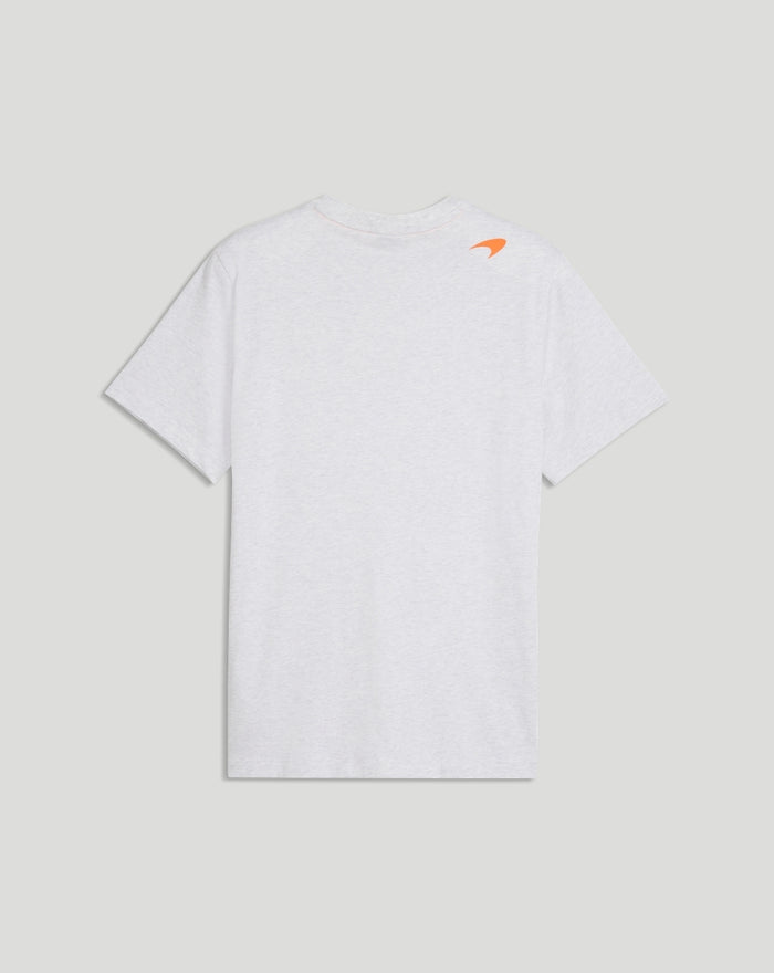 Back view of white McLaren Racing fan T shirt with orange Speedmark badge near the shoulder