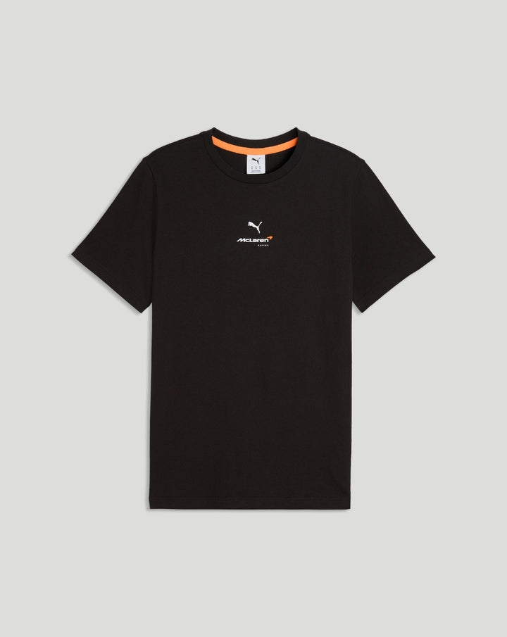 Front view of black McLaren T shirt with chest logo and orange neckline accent