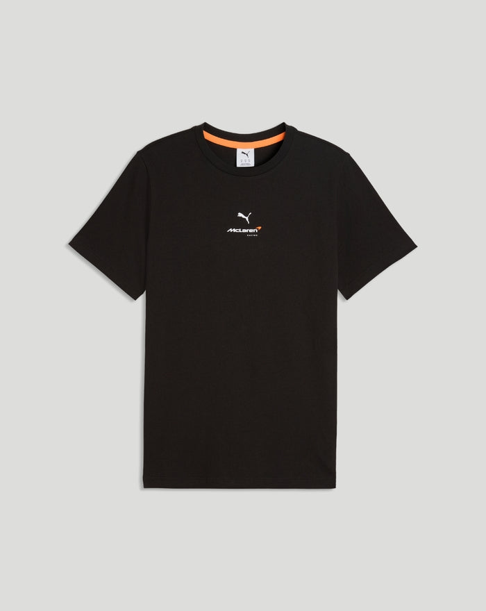 Front view of black McLaren T shirt with chest logo and orange neckline accent
