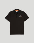 Black McLaren polo front view with small white logo on chest and orange inner neck trim