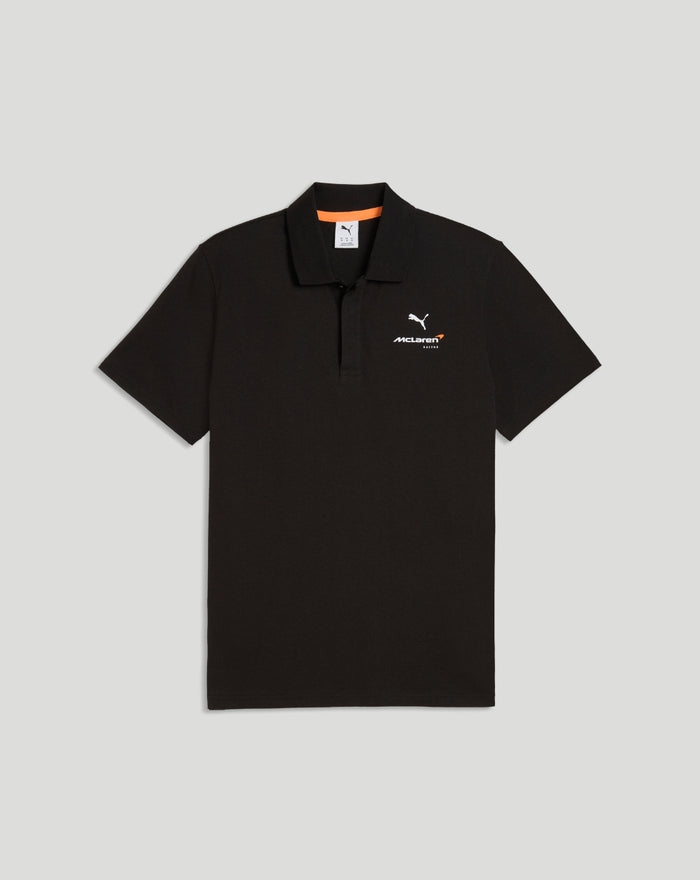 Black McLaren polo front view with small white logo on chest and orange inner neck trim