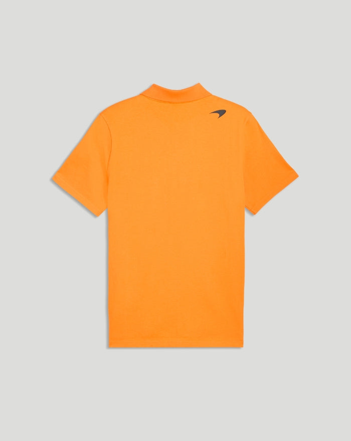 Back view of the orange Papaya McLaren polo showing the small logo on the upper back near the shoulder