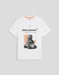 Front view of white McLaren Norris Core T Shirt with bold McLaren logo and Lando Norris artwork across the chest