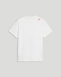 Back view of white McLaren T shirt with a small orange logo on the upper back near the shoulder