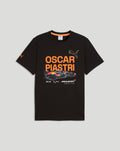 Flat lay of black McLaren Piastri Core T-Shirt featuring orange OSCAR PIASTRI text and race car graphic