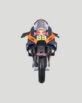 Front view of 1:18 scale Red Bull KTM racing motorcycle with rider number 33 in orange navy livery.