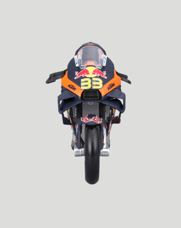 Front view of 1:18 scale Red Bull KTM racing motorcycle with rider number 33 in orange navy livery.
