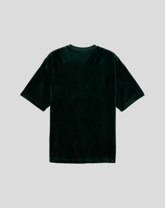 Back view of dark green velvet Aston Martin Team Silverstone Race T shirt