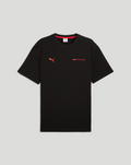 Front view of black F1 Essential Relaxed Tee with red Puma logo on left chest and Formula 1 branding on right chest.