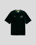 Dark green velvet crew neck T shirt with Aston Martin logo on chest and sponsor patch