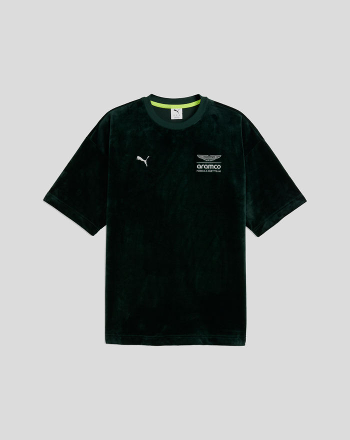 Dark green velvet crew neck T shirt with Aston Martin logo on chest and sponsor patch