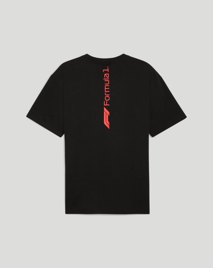Back view of black F1 Essential Relaxed Tee featuring red vertical Formula 1 branding down the back.
