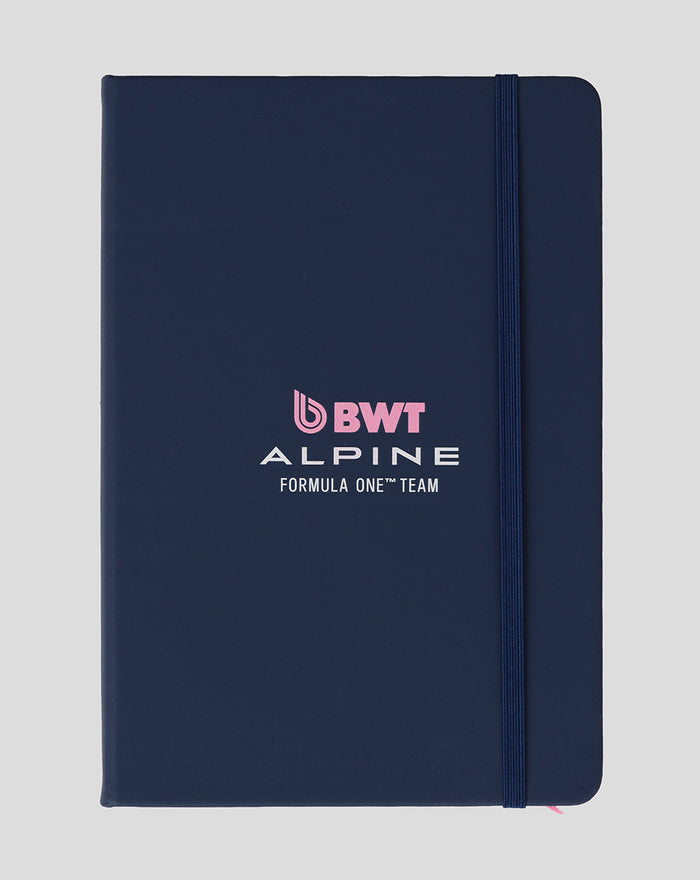 Navy BWT Alpine Formula One Team notebook with pink logo and blue elastic strap