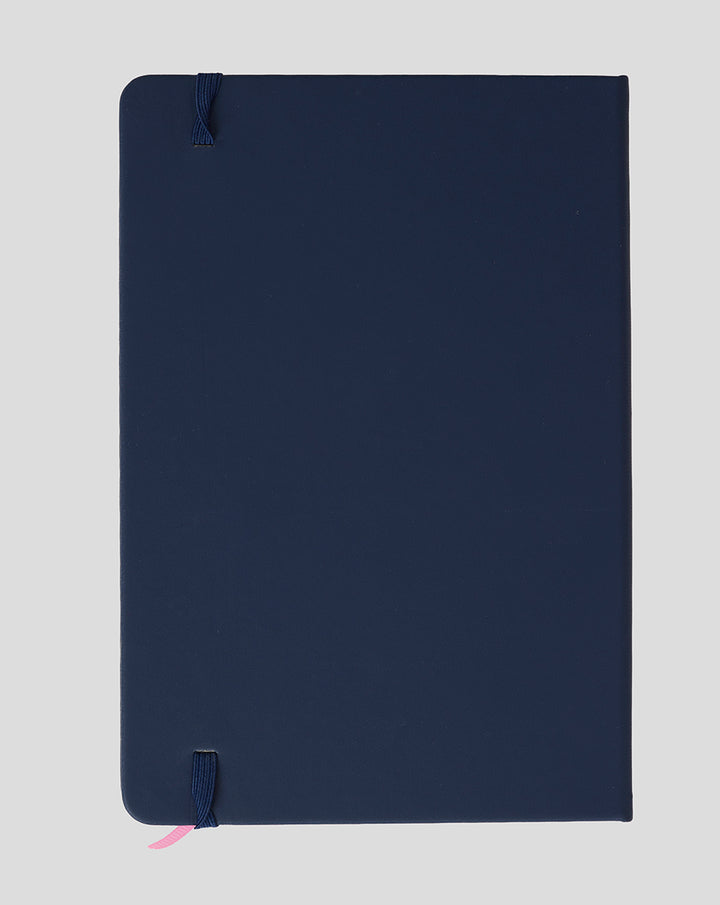 Back view of navy BWT Alpine notebook with blue elastic strap and pink bookmark
