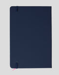 Back view of navy BWT Alpine notebook with blue elastic strap and pink bookmark
