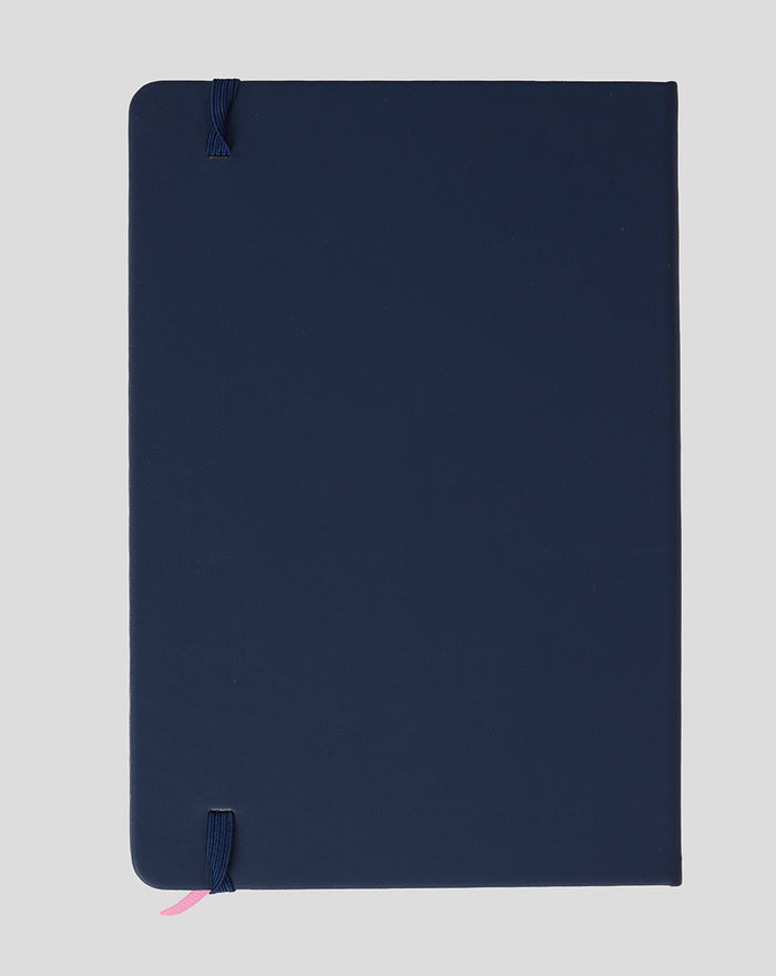 Back view of navy BWT Alpine notebook with blue elastic strap and pink bookmark