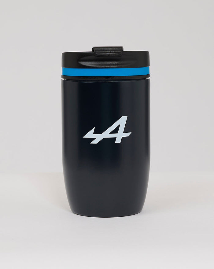 Dark navy stainless steel travel mug with a blue accent band and a white 44 graphic