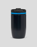 Side view of dark navy stainless steel travel mug with blue ring at the rim and white 44 logo