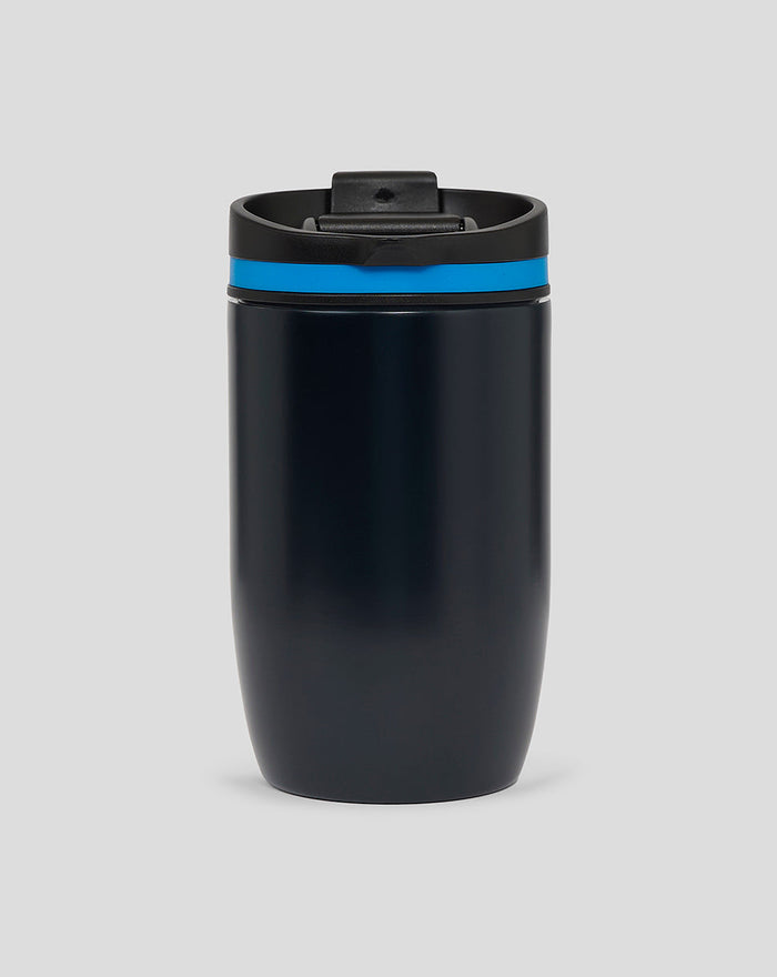 Side view of dark navy stainless steel travel mug with blue ring at the rim and white 44 logo