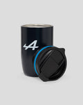Navy stainless steel travel mug with a blue ring around the lid and a black twist on lid
