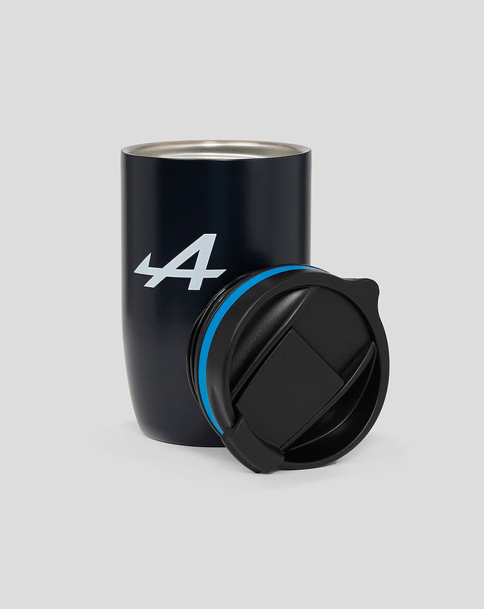 Navy stainless steel travel mug with a blue ring around the lid and a black twist on lid