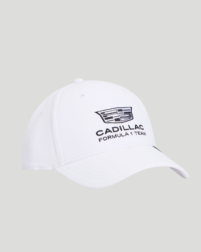White Tommy Hilfiger Cadillac F1 Team cap with embroidered Cadillac Formula 1 Team logo on the front