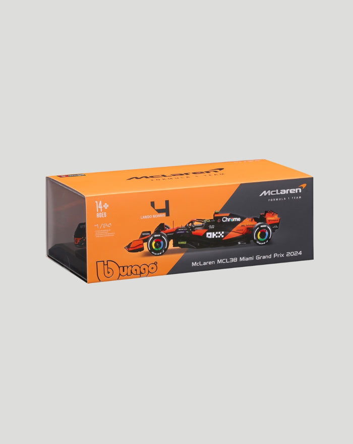 1:24 scale McLaren MCL38 2024 model car inside orange and black display box with window