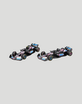 Two 1:43 scale BWT Alpine F1 Team race cars in pink and black livery