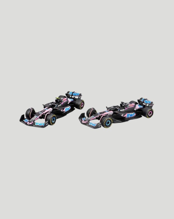 Two 1:43 scale BWT Alpine F1 Team race cars in pink and black livery